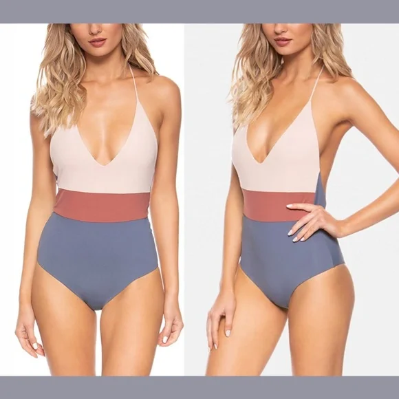 NWT Tavik [ Small ] Chase Plunge‎ Colorblock One Piece Swimsuit Muted Indigo Bikinis